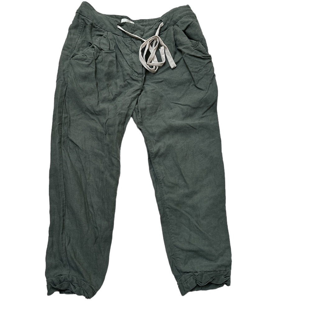 Wilfred Linen Blend Cropped Button Fly Joggers Adjustable Draw String Army Green